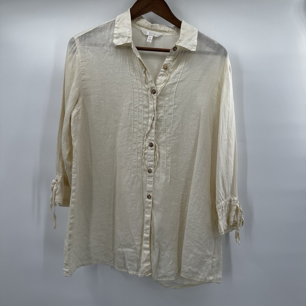 Kleen Top Shirt Blouse Womens Medium Ivory Pale‎ Yellow Raime Button Lagenlook